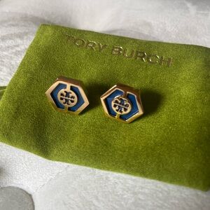 Tory Burch Gold and Blue Hexagon Earrings